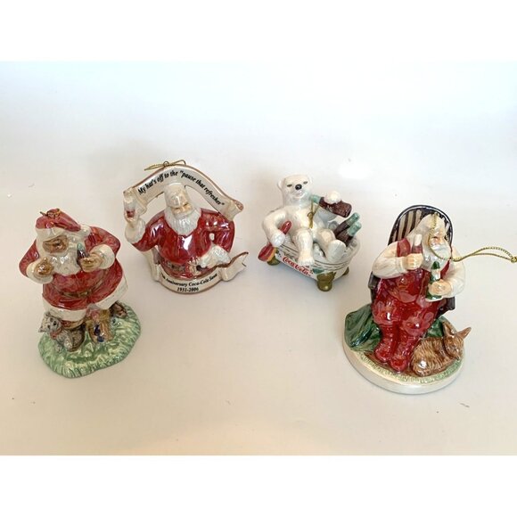 4 Coca-Cola Pearlescent Porcelain Xmas Ornaments 3 Santa 1 Polar Bear Vintage - Picture 1 of 15